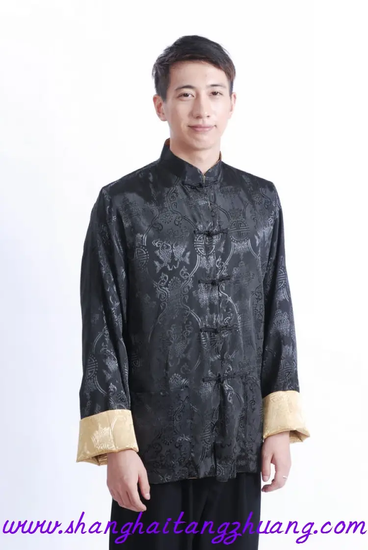 Men's Silk Long Sleeve Traditional Suit Black Gold — feature 4
