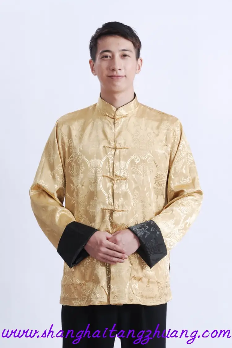 Men's Silk Long Sleeve Traditional Suit Black Gold — feature 8