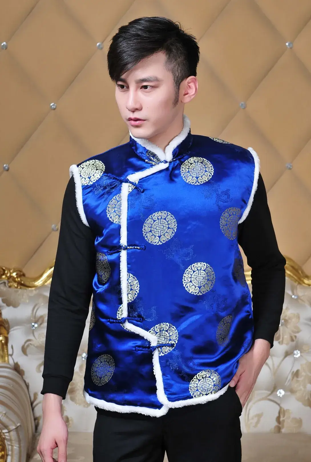 Men's Ethnic Quilted Waistcoat Vest Black Red Chinoiserie - Image 7