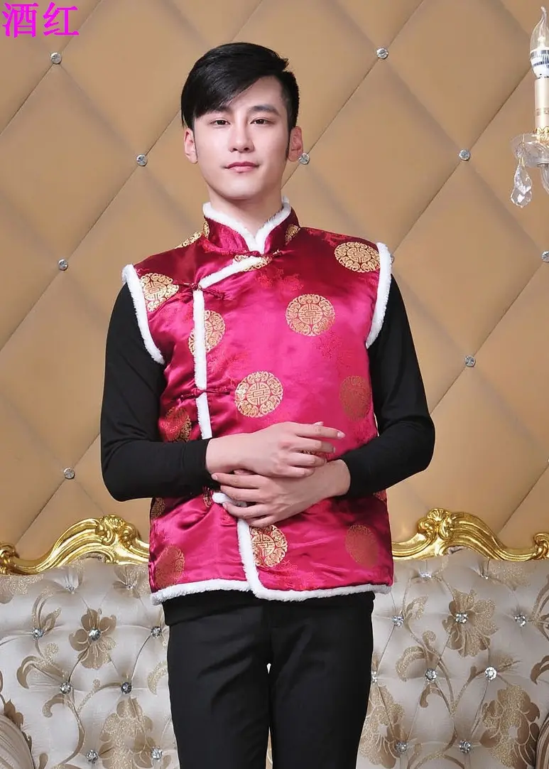 Men's Ethnic Quilted Waistcoat Vest Black Red Chinoiserie — feature 7