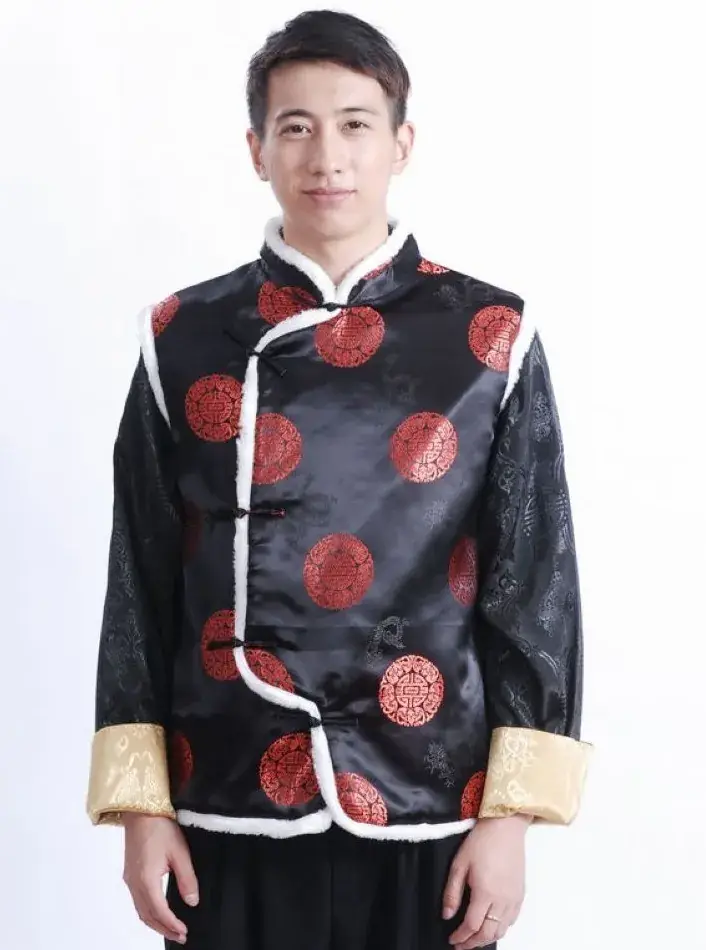 Men's Ethnic Quilted Waistcoat Vest Black Red Chinoiserie - Image 2