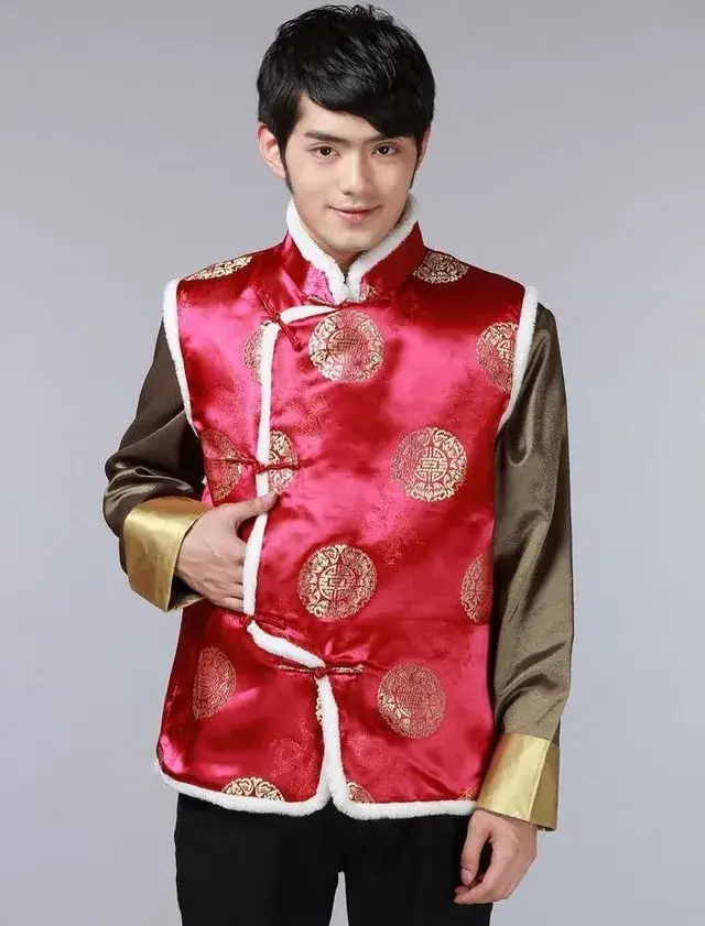 Men's Ethnic Quilted Waistcoat Vest Black Red Chinoiserie - Image 4