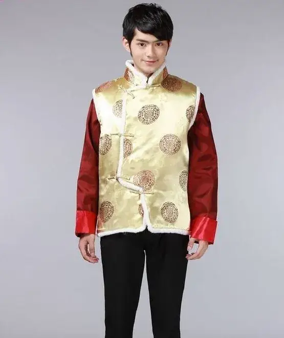 Men's Ethnic Quilted Waistcoat Vest Black Red Chinoiserie - Image 5