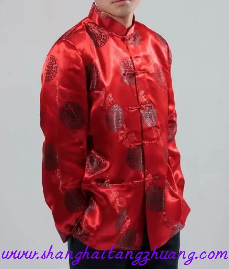 Men's Red Embroidered Tang Suit Coat Long Sleeve — feature 5