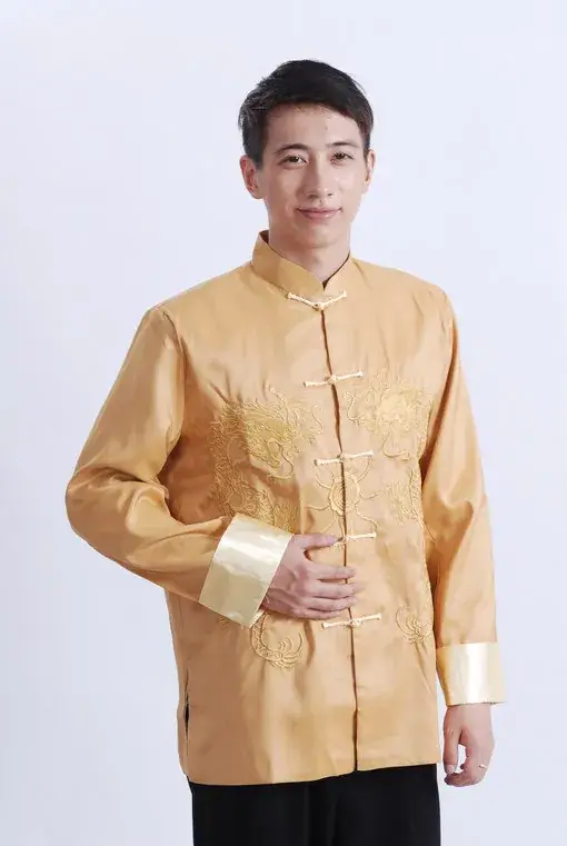 Men's Double Golden Dragon Chinese Tang Suit Silver Gray Long Sleeve