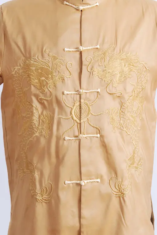 Men's Double Golden Dragon Chinese Tang Suit Silver Gray Long Sleeve — feature 13