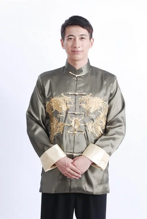 Men's Double Golden Dragon Chinese Tang Suit Silver Gray Long Sleeve — feature 3