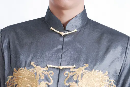 Men's Double Golden Dragon Chinese Tang Suit Silver Gray Long Sleeve — feature 8