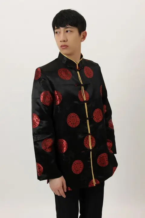 Men's Black Red Circular Chinese Tang Jacket