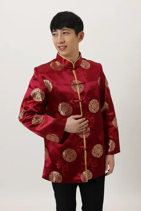Men's Black Red Circular Chinese Tang Jacket — feature 19