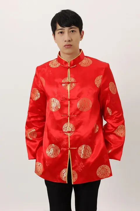 Men's Black Red Circular Chinese Tang Jacket — feature 5