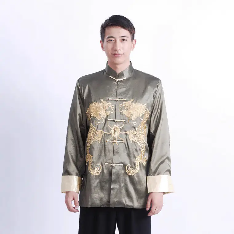 Men Embroidered Gold Dragon Coat Black Long Sleeve Chinese Tang Suit - Image 7