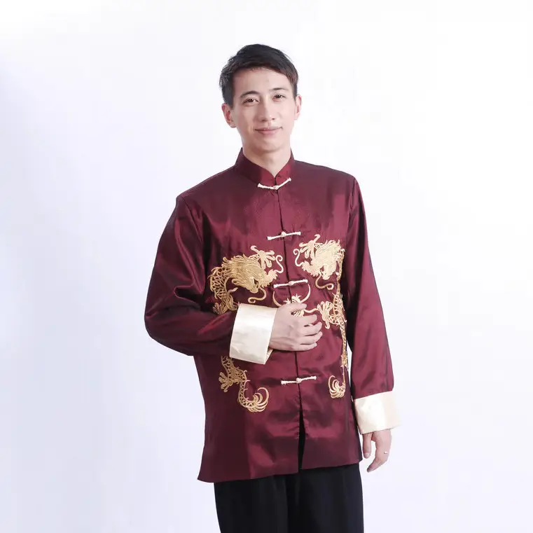 Men Embroidered Gold Dragon Coat Black Long Sleeve Chinese Tang Suit - Image 8