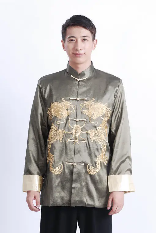 Men Embroidered Gold Dragon Coat Black Long Sleeve Chinese Tang Suit — feature 1