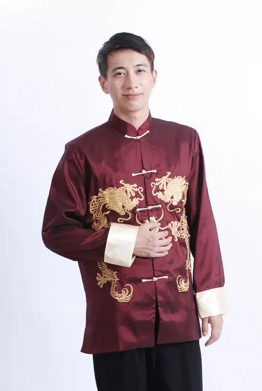 Men Embroidered Gold Dragon Coat Black Long Sleeve Chinese Tang Suit — feature 14