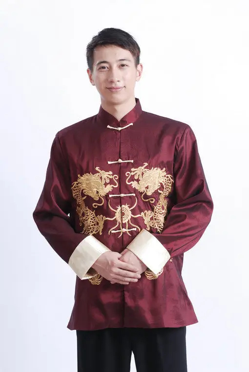Men Embroidered Gold Dragon Coat Black Long Sleeve Chinese Tang Suit — feature 15