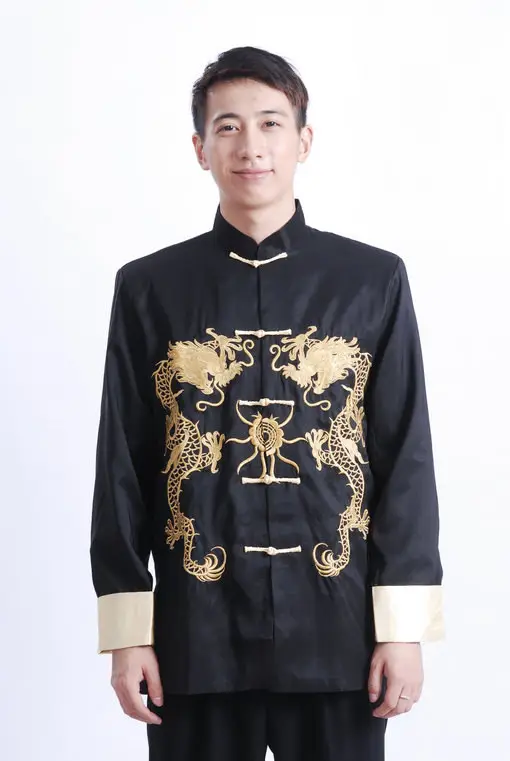 Men Embroidered Gold Dragon Coat Black Long Sleeve Chinese Tang Suit — feature 19