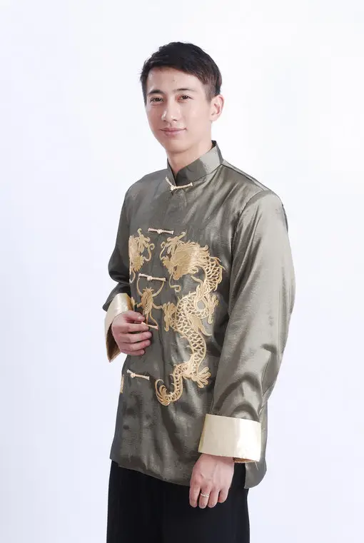 Men Embroidered Gold Dragon Coat Black Long Sleeve Chinese Tang Suit — feature 2