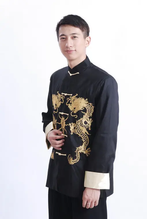Men Embroidered Gold Dragon Coat Black Long Sleeve Chinese Tang Suit — feature 20