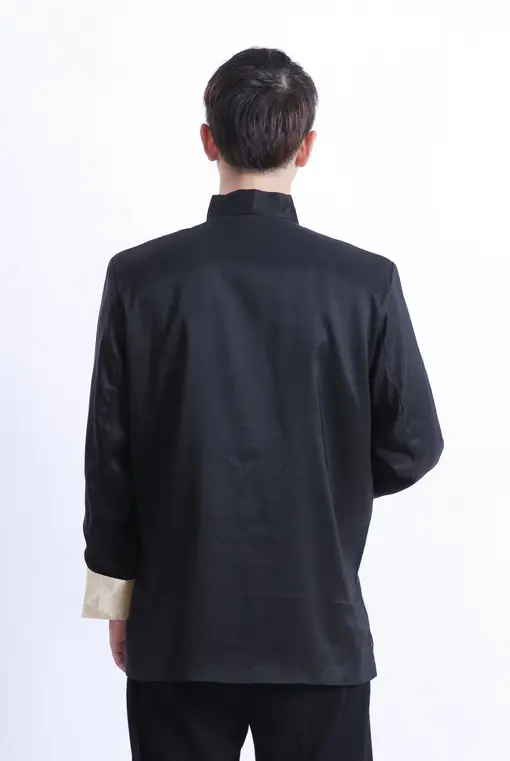 Men Embroidered Gold Dragon Coat Black Long Sleeve Chinese Tang Suit — feature 21
