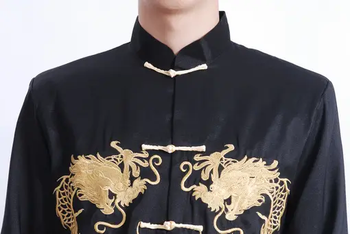 Men Embroidered Gold Dragon Coat Black Long Sleeve Chinese Tang Suit — feature 22