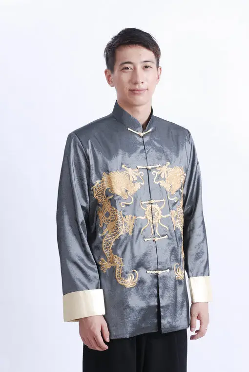 Men Embroidered Gold Dragon Coat Black Long Sleeve Chinese Tang Suit — feature 6