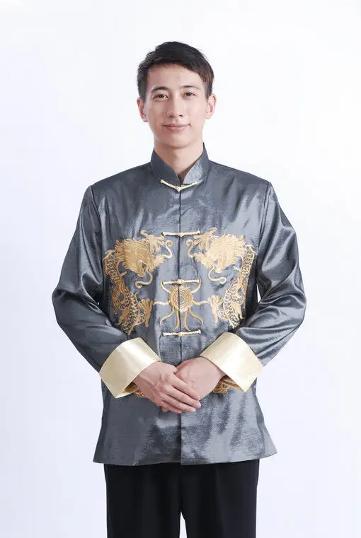 Men Embroidered Gold Dragon Coat Black Long Sleeve Chinese Tang Suit - Image 2