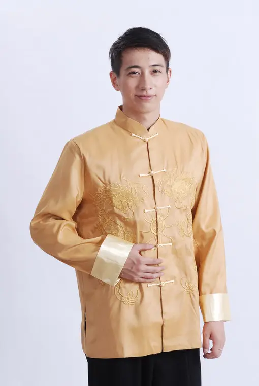 Men Embroidered Gold Dragon Coat Black Long Sleeve Chinese Tang Suit - Image 4