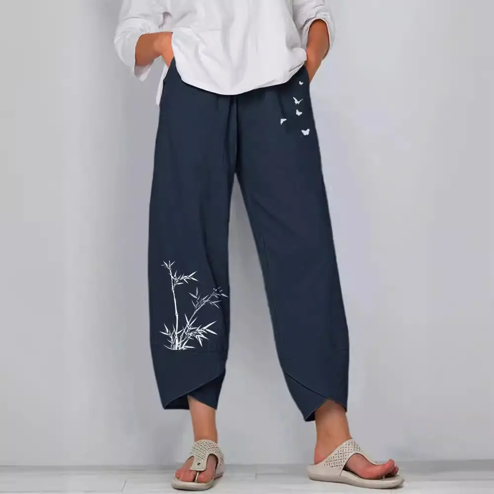 Bamboo Butterfly Print Elastic Waist Pants for Women