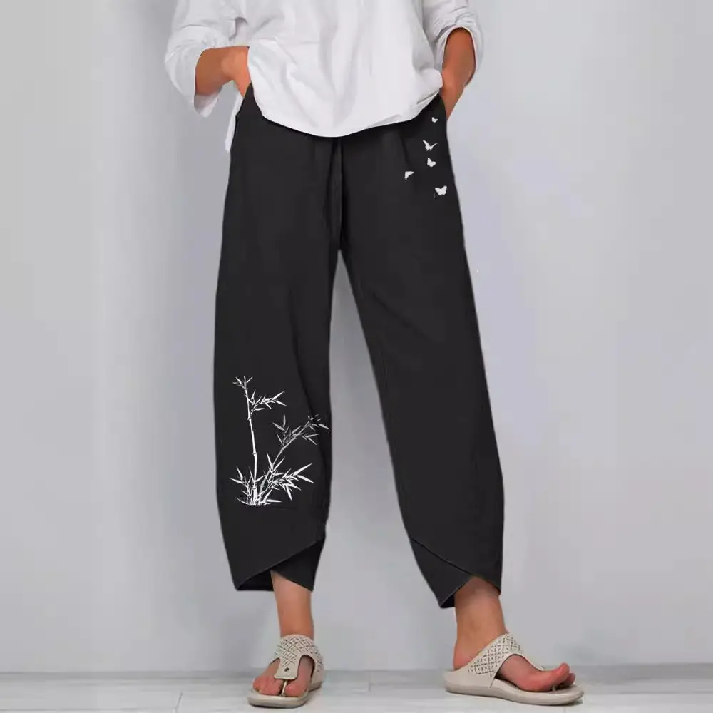 Bamboo Butterfly Print Elastic Waist Pants for Women