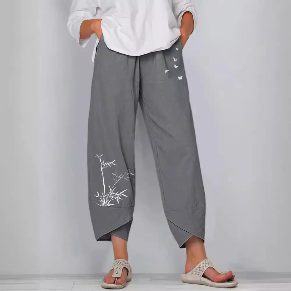 Bamboo Butterfly Print Elastic Waist Pants for Women
