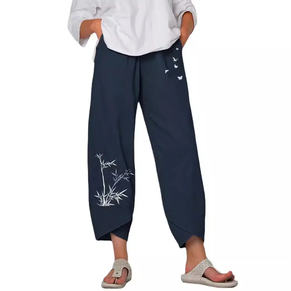 Bamboo Butterfly Print Elastic Waist Pants for Women