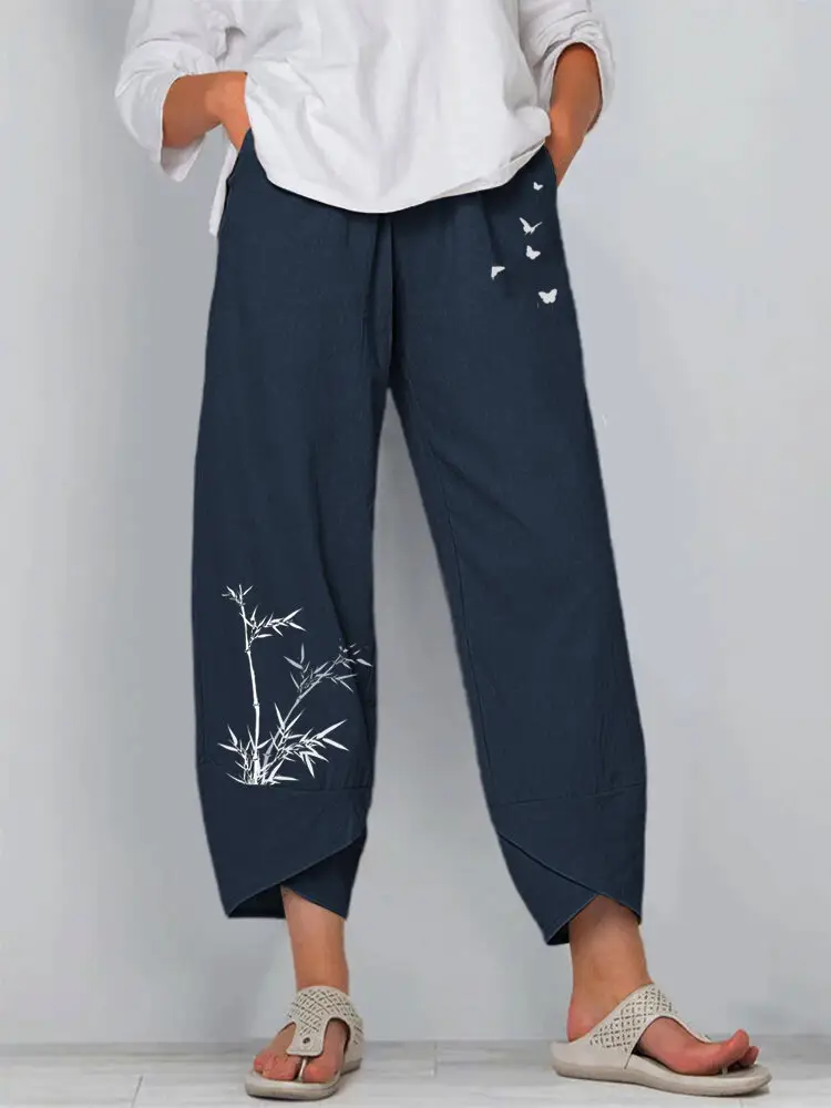 Bamboo Butterfly Print Elastic Waist Pants for Women