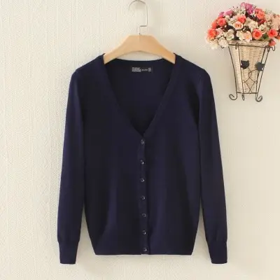 Women's Navy Knitted V-Neck Cardigan Large - Image 13
