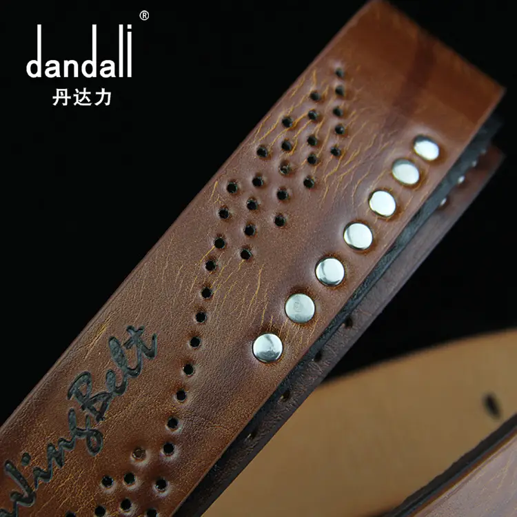Men's Brown Leather Belt with Rivet Buckle Detail - Image 5