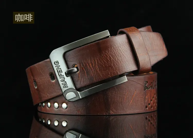 Men's Brown Leather Belt with Rivet Buckle Detail — feature 23