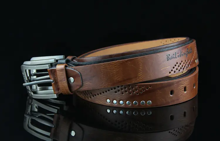 Men's Brown Leather Belt with Rivet Buckle Detail — feature 28