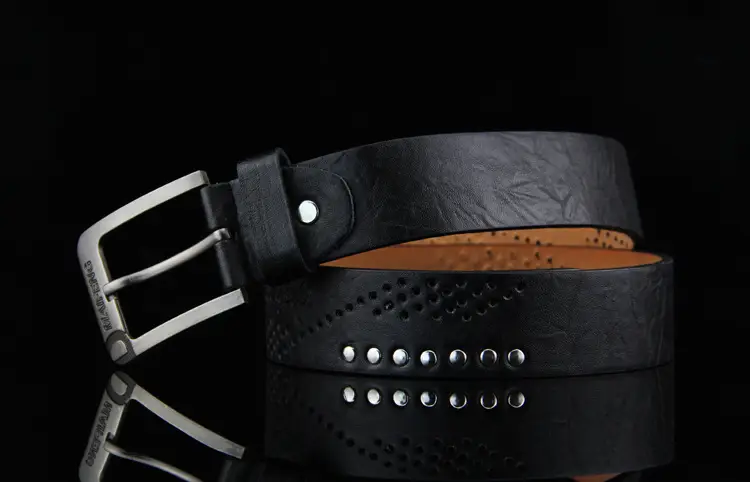 Men's Brown Leather Belt with Rivet Buckle Detail — feature 30