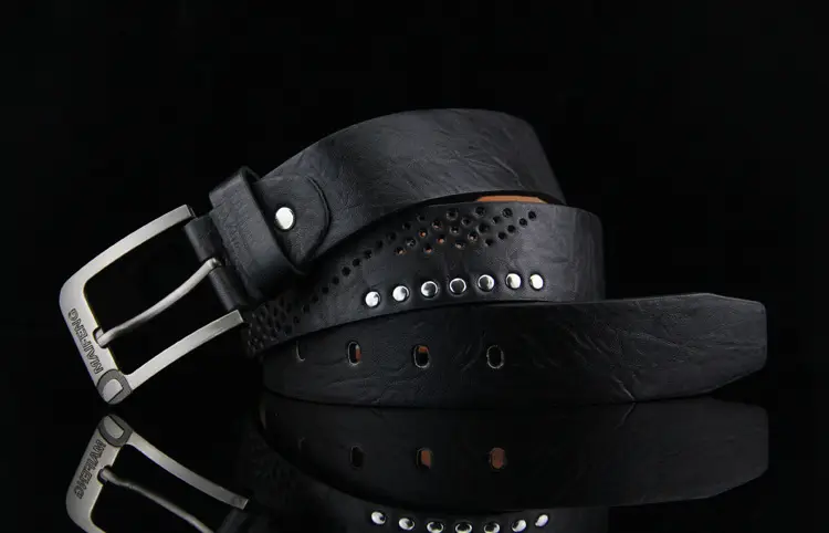 Men's Brown Leather Belt with Rivet Buckle Detail — feature 32