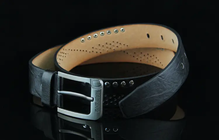 Men's Brown Leather Belt with Rivet Buckle Detail — feature 34