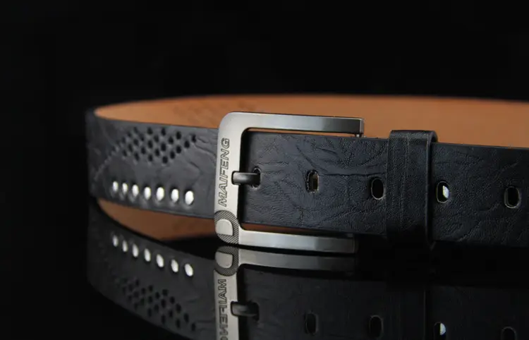 Men's Brown Leather Belt with Rivet Buckle Detail — feature 38