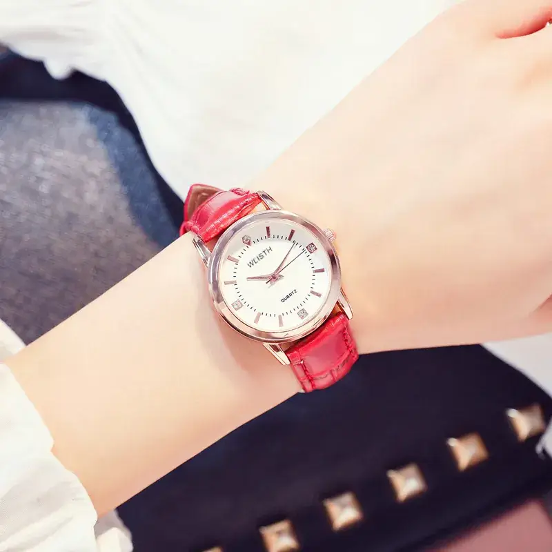 Women's Red Leather Band Quartz Watch Couple Watch - Image 12