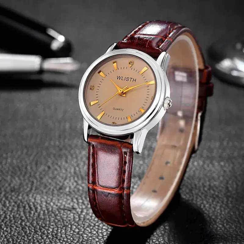 Women's Red Leather Band Quartz Watch Couple Watch - Image 4