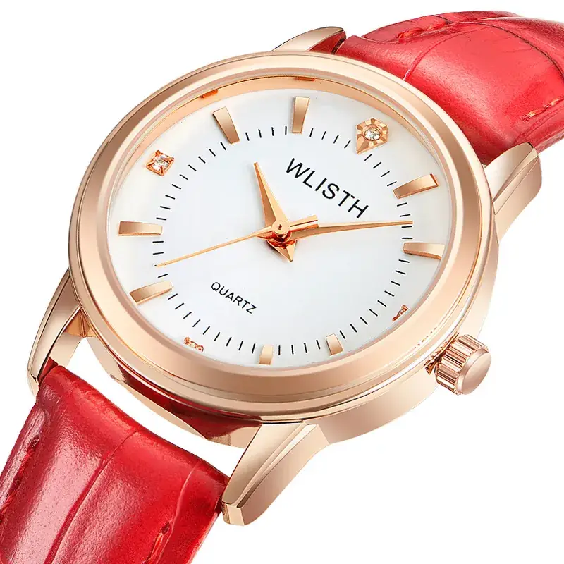 Women's Red Leather Band Quartz Watch Couple Watch - Image 6