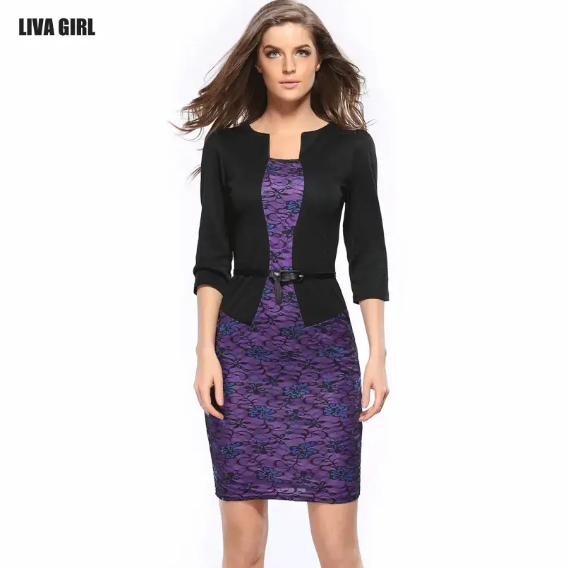 Purple Lace Hip Pencil Dress with 3 Sleeve Black Top