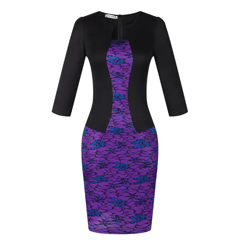 Purple Lace Hip Pencil Dress with 3 Sleeve Black Top