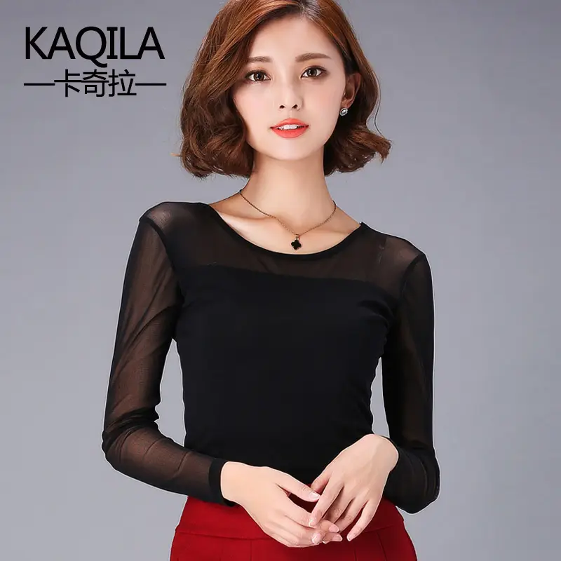 2026 Korean Style Black Long Sleeve Mesh Top Plus Size - Image 3