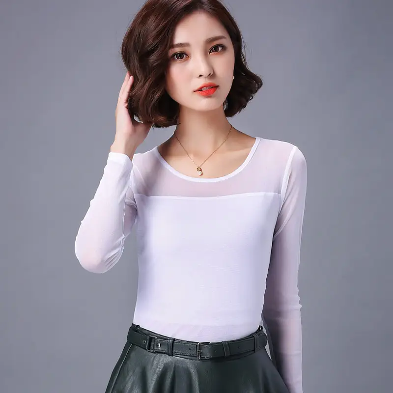 2026 Korean Style Black Long Sleeve Mesh Top Plus Size - Image 2