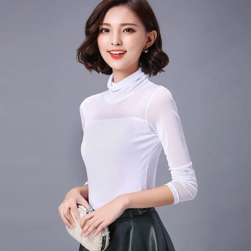 2023 Korean Style Slimming Women's White Mesh High Neck Shirt - Image 4