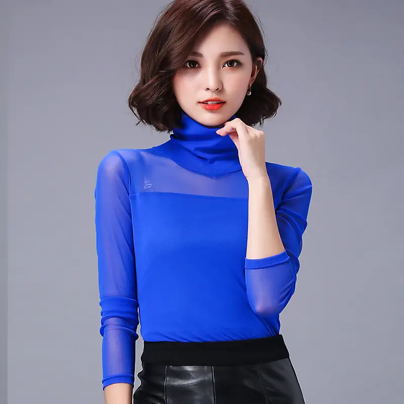 2023 Korean Style Slimming Women's White Mesh High Neck Shirt - Image 5